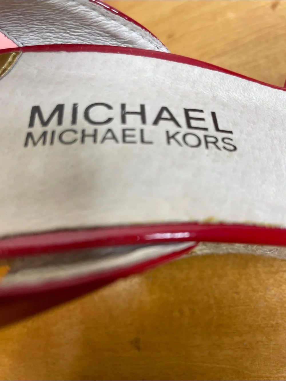 Michael Kors Red Patent Espadrille Wedge Sandals with Gold Buckle. Size 6.5
